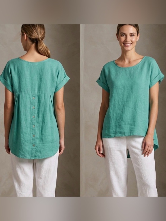 Terzo Millennio Tops - Terzo Millennio women’s 100% linen blouse short sleeve tunic top turquoise‎ SZ S
